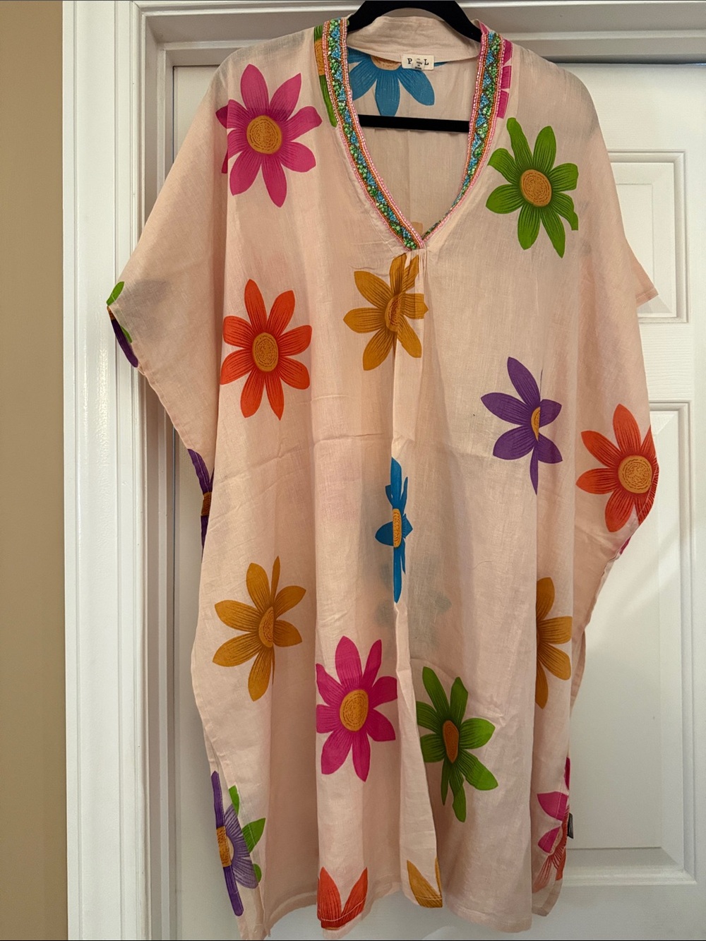 POL Boho Floral Embroidered / Beaded neck- Pink Caftan Top
